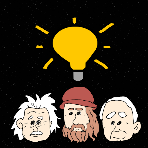 ひらめきの天才の電球と3人の人物のイラスト